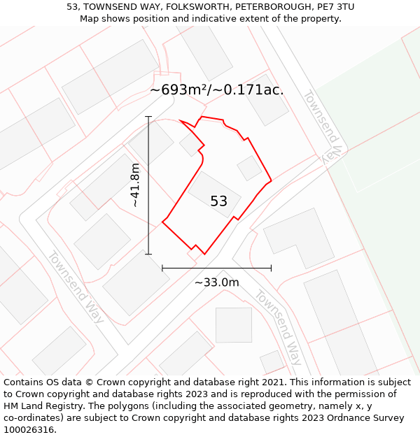 53, TOWNSEND WAY, FOLKSWORTH, PETERBOROUGH, PE7 3TU: Plot and title map