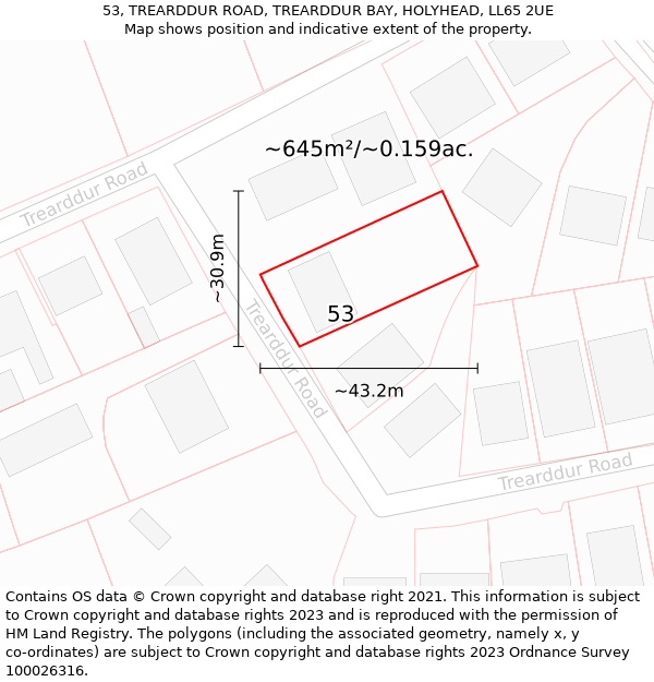 53, TREARDDUR ROAD, TREARDDUR BAY, HOLYHEAD, LL65 2UE: Plot and title map