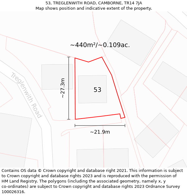 53, TREGLENWITH ROAD, CAMBORNE, TR14 7JA: Plot and title map