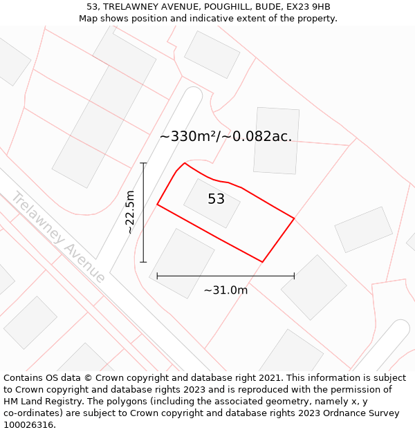 53, TRELAWNEY AVENUE, POUGHILL, BUDE, EX23 9HB: Plot and title map