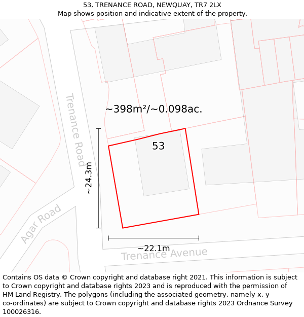 53, TRENANCE ROAD, NEWQUAY, TR7 2LX: Plot and title map