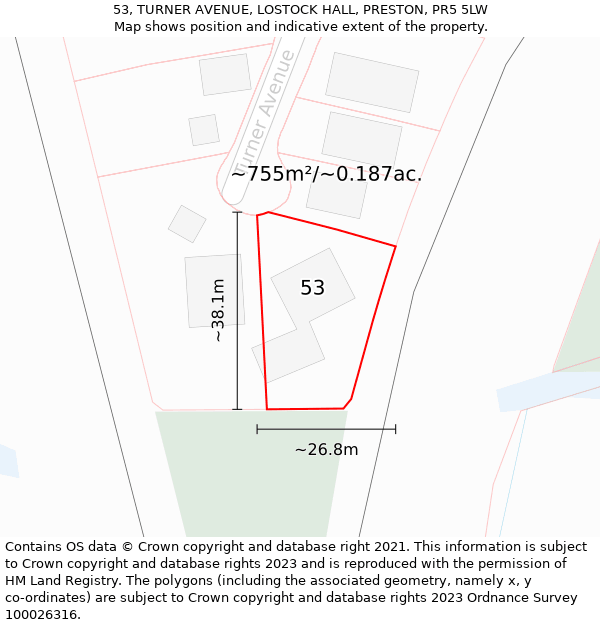 53, TURNER AVENUE, LOSTOCK HALL, PRESTON, PR5 5LW: Plot and title map