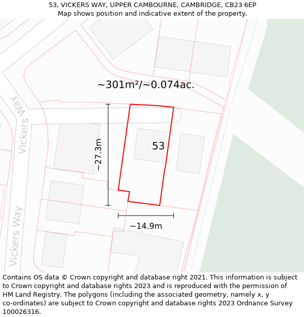 53, VICKERS WAY, UPPER CAMBOURNE, CAMBRIDGE, CB23 6EP: Plot and title map