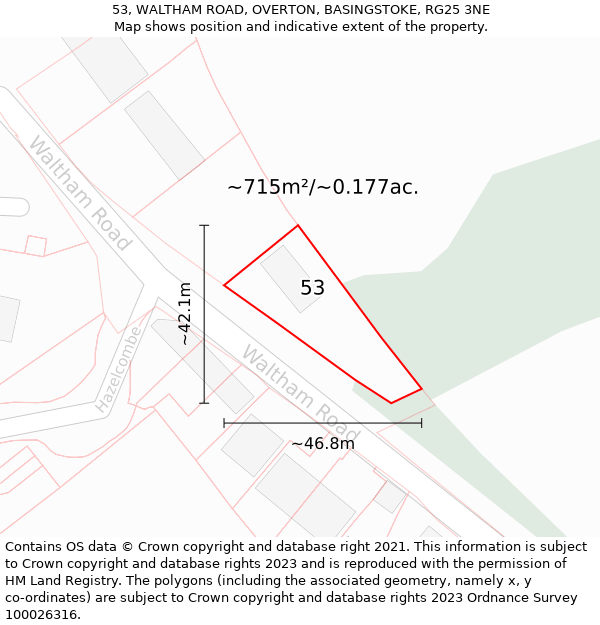 53, WALTHAM ROAD, OVERTON, BASINGSTOKE, RG25 3NE: Plot and title map