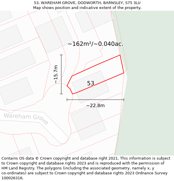 53, WAREHAM GROVE, DODWORTH, BARNSLEY, S75 3LU: Plot and title map