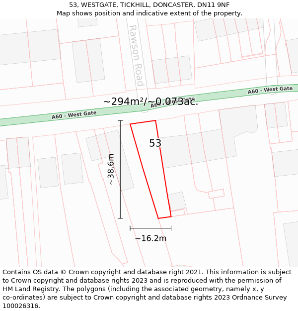 53, WESTGATE, TICKHILL, DONCASTER, DN11 9NF: Plot and title map