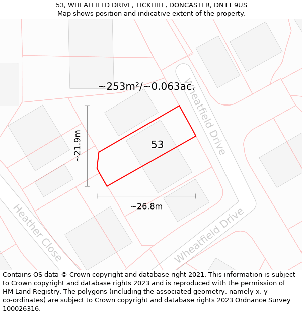 53, WHEATFIELD DRIVE, TICKHILL, DONCASTER, DN11 9US: Plot and title map