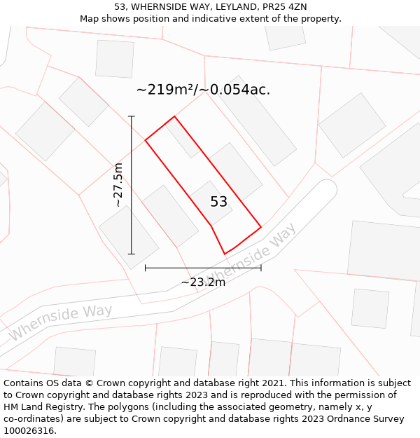 53, WHERNSIDE WAY, LEYLAND, PR25 4ZN: Plot and title map