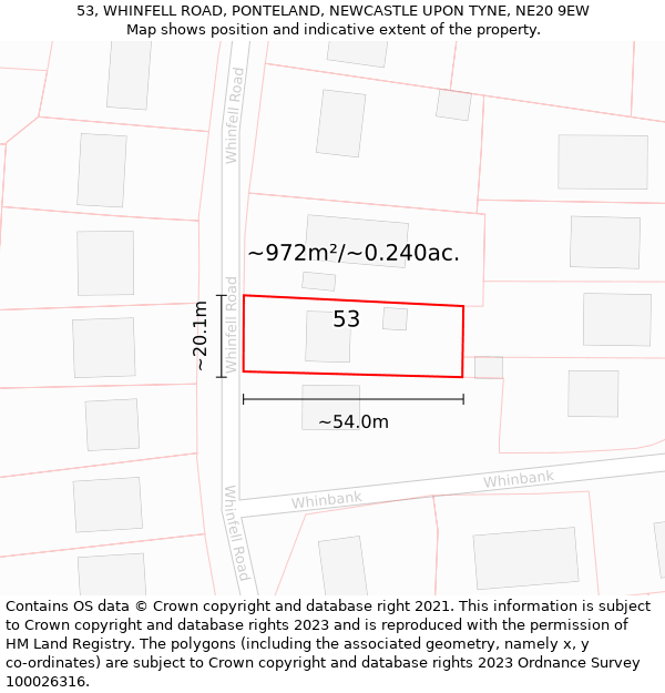 53, WHINFELL ROAD, PONTELAND, NEWCASTLE UPON TYNE, NE20 9EW: Plot and title map