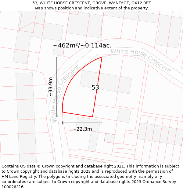 53, WHITE HORSE CRESCENT, GROVE, WANTAGE, OX12 0PZ: Plot and title map