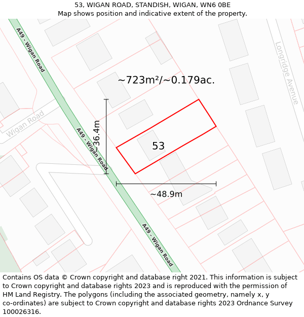 53, WIGAN ROAD, STANDISH, WIGAN, WN6 0BE: Plot and title map