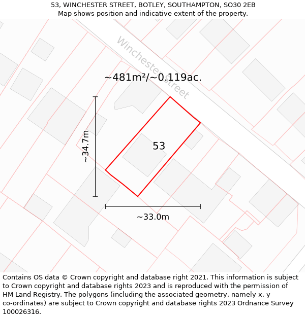 53, WINCHESTER STREET, BOTLEY, SOUTHAMPTON, SO30 2EB: Plot and title map