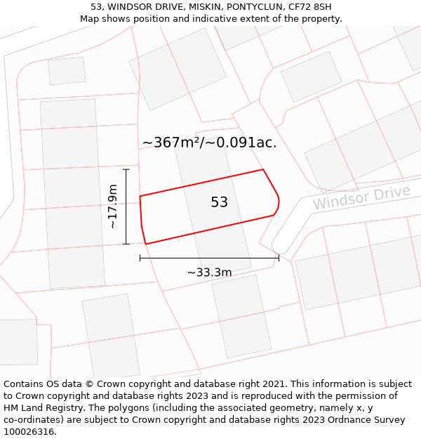 53, WINDSOR DRIVE, MISKIN, PONTYCLUN, CF72 8SH: Plot and title map