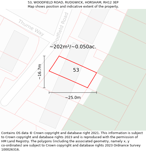 53, WOODFIELD ROAD, RUDGWICK, HORSHAM, RH12 3EP: Plot and title map