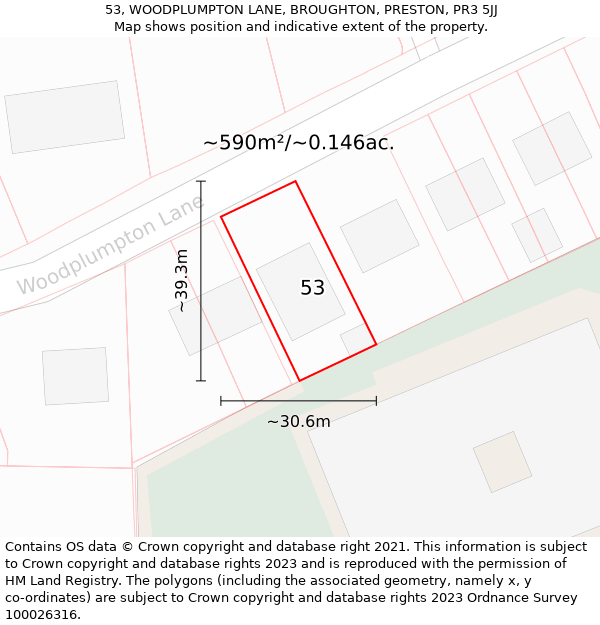 53, WOODPLUMPTON LANE, BROUGHTON, PRESTON, PR3 5JJ: Plot and title map