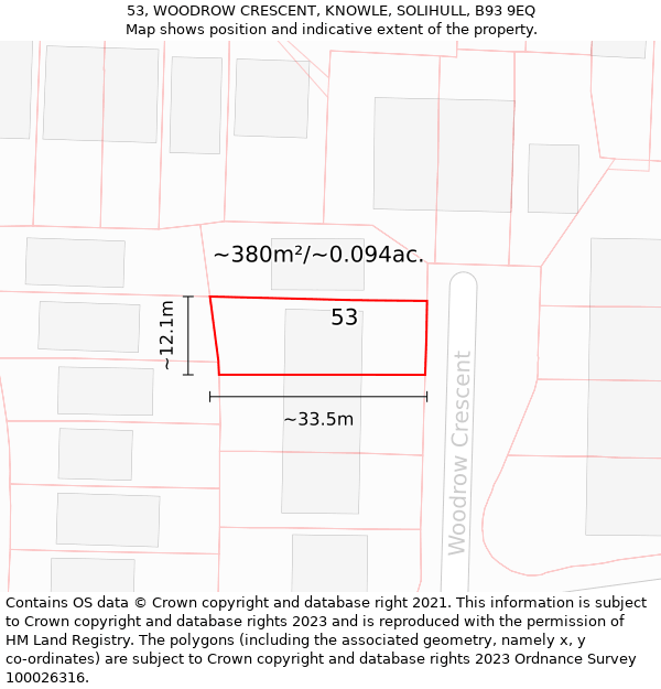 53, WOODROW CRESCENT, KNOWLE, SOLIHULL, B93 9EQ: Plot and title map