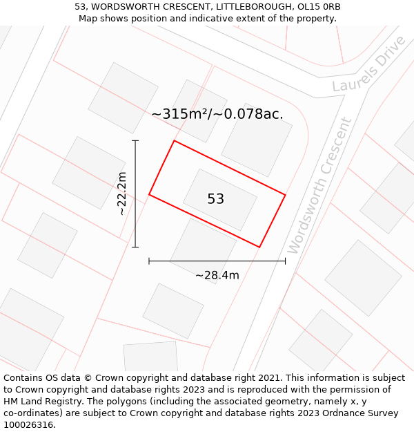 53, WORDSWORTH CRESCENT, LITTLEBOROUGH, OL15 0RB: Plot and title map