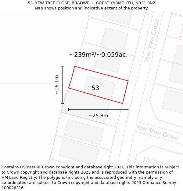 53, YEW TREE CLOSE, BRADWELL, GREAT YARMOUTH, NR31 8NZ: Plot and title map