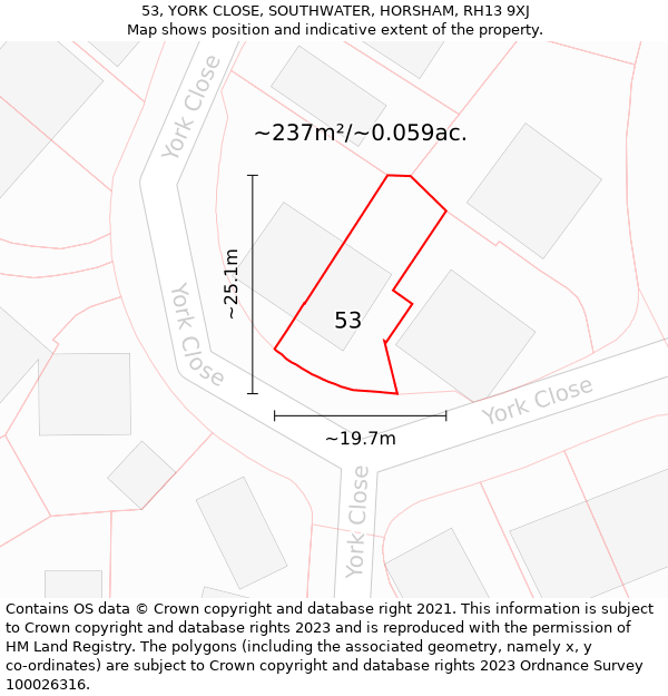 53, YORK CLOSE, SOUTHWATER, HORSHAM, RH13 9XJ: Plot and title map