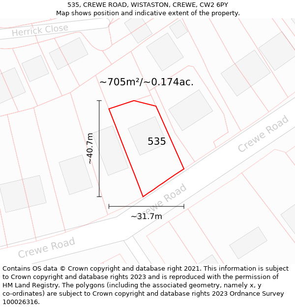 535, CREWE ROAD, WISTASTON, CREWE, CW2 6PY: Plot and title map