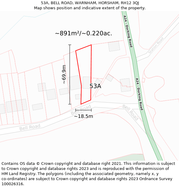 53A, BELL ROAD, WARNHAM, HORSHAM, RH12 3QJ: Plot and title map