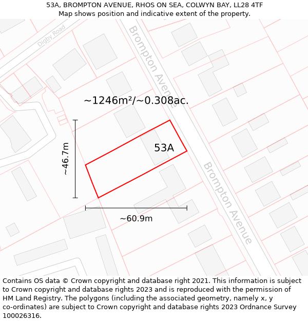 53A, BROMPTON AVENUE, RHOS ON SEA, COLWYN BAY, LL28 4TF: Plot and title map