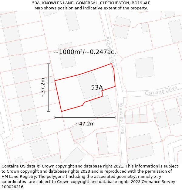 53A, KNOWLES LANE, GOMERSAL, CLECKHEATON, BD19 4LE: Plot and title map