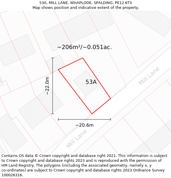 53A, MILL LANE, WHAPLODE, SPALDING, PE12 6TS: Plot and title map