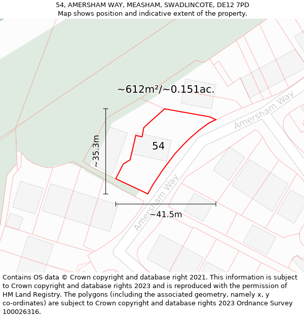 54, AMERSHAM WAY, MEASHAM, SWADLINCOTE, DE12 7PD: Plot and title map