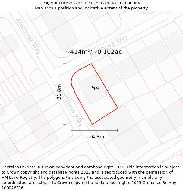 54, ARETHUSA WAY, BISLEY, WOKING, GU24 9BX: Plot and title map