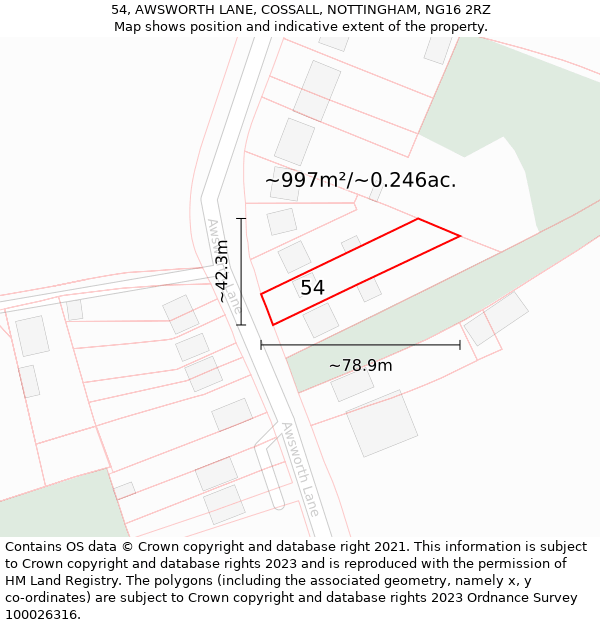 54, AWSWORTH LANE, COSSALL, NOTTINGHAM, NG16 2RZ: Plot and title map