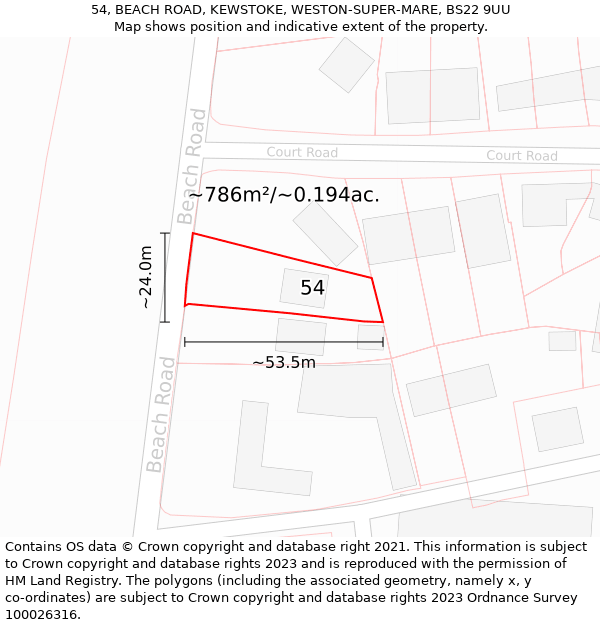 54, BEACH ROAD, KEWSTOKE, WESTON-SUPER-MARE, BS22 9UU: Plot and title map