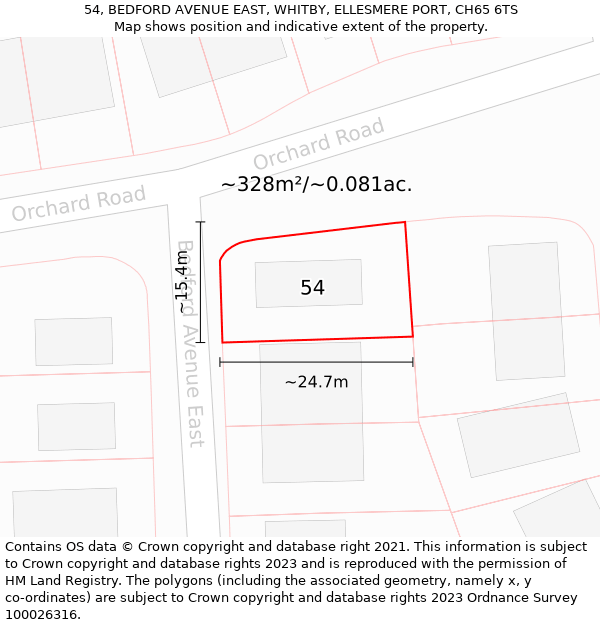 54, BEDFORD AVENUE EAST, WHITBY, ELLESMERE PORT, CH65 6TS: Plot and title map