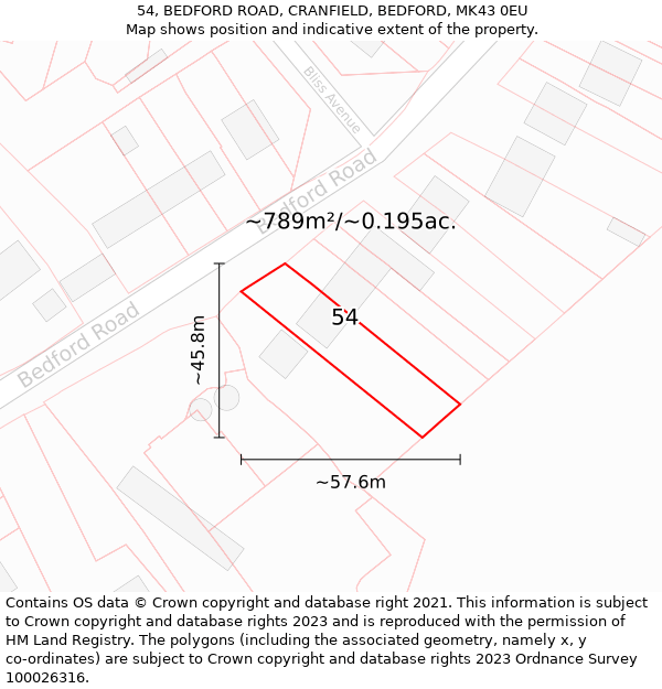 54, BEDFORD ROAD, CRANFIELD, BEDFORD, MK43 0EU: Plot and title map