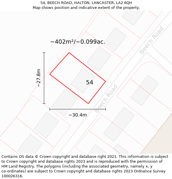 54, BEECH ROAD, HALTON, LANCASTER, LA2 6QH: Plot and title map