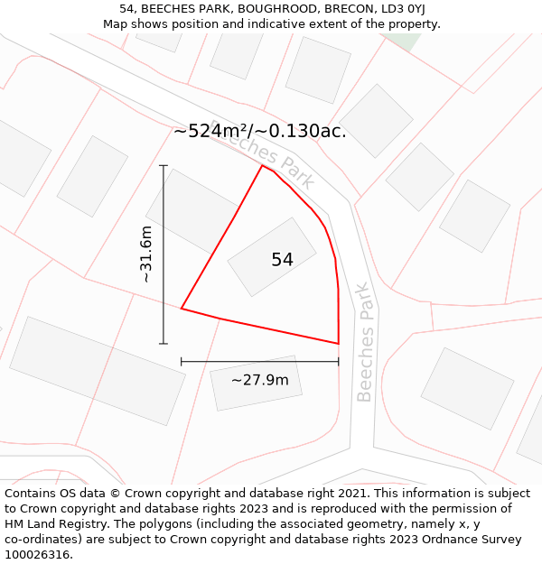 54, BEECHES PARK, BOUGHROOD, BRECON, LD3 0YJ: Plot and title map