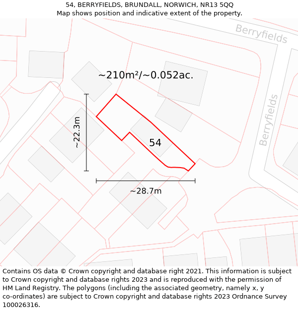 54, BERRYFIELDS, BRUNDALL, NORWICH, NR13 5QQ: Plot and title map