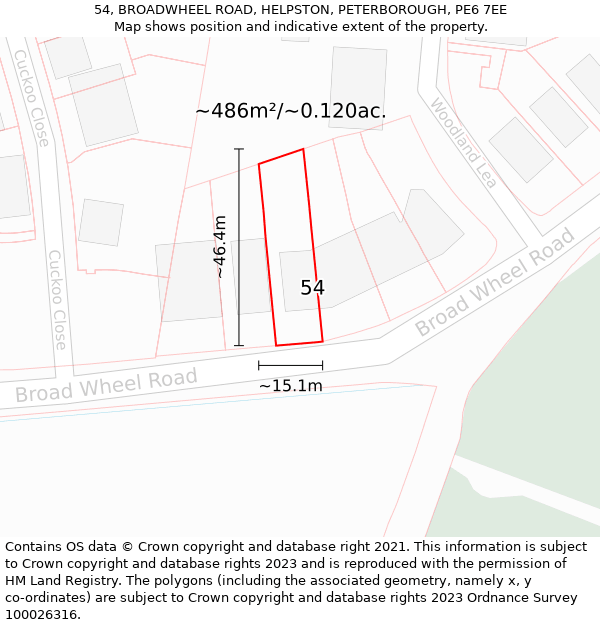 54, BROADWHEEL ROAD, HELPSTON, PETERBOROUGH, PE6 7EE: Plot and title map