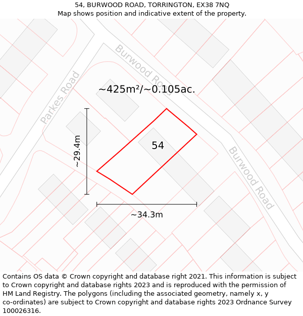 54, BURWOOD ROAD, TORRINGTON, EX38 7NQ: Plot and title map