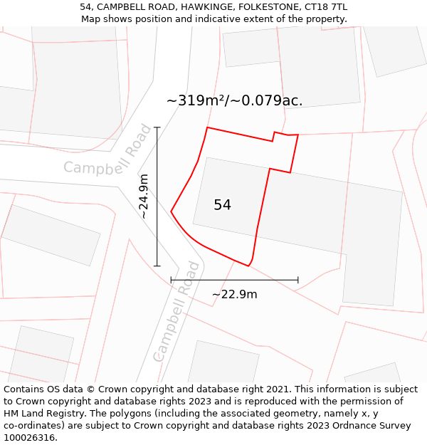 54, CAMPBELL ROAD, HAWKINGE, FOLKESTONE, CT18 7TL: Plot and title map
