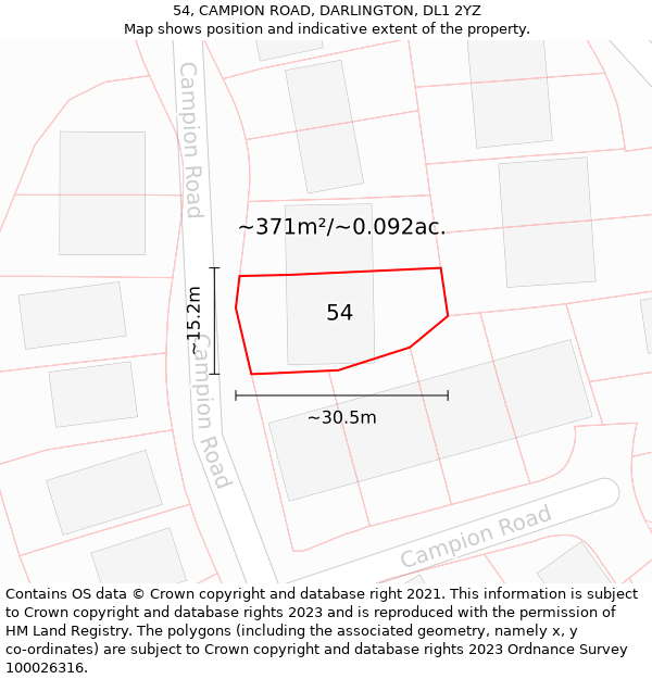 54, CAMPION ROAD, DARLINGTON, DL1 2YZ: Plot and title map