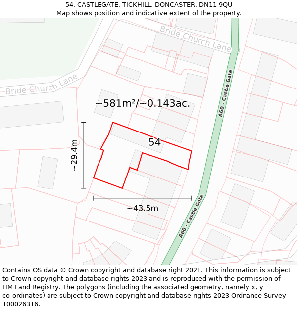 54, CASTLEGATE, TICKHILL, DONCASTER, DN11 9QU: Plot and title map