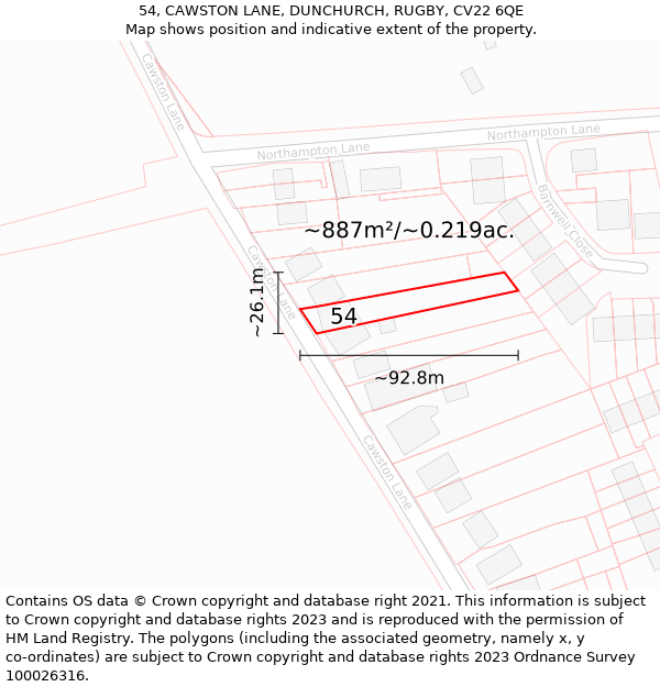 54, CAWSTON LANE, DUNCHURCH, RUGBY, CV22 6QE: Plot and title map