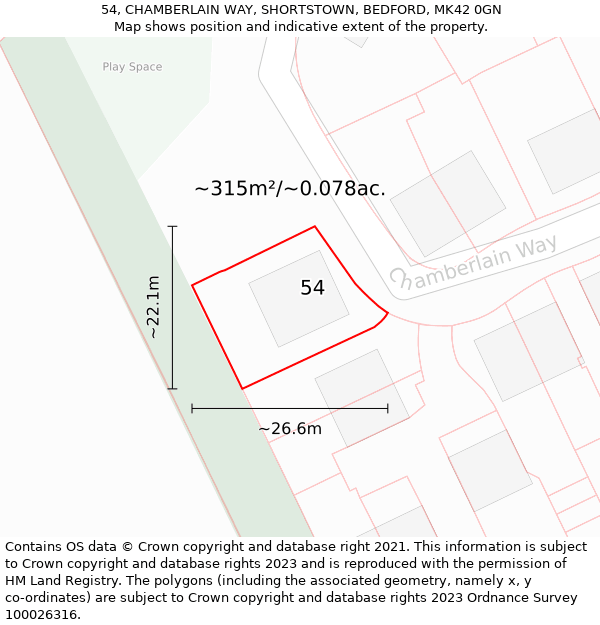 54, CHAMBERLAIN WAY, SHORTSTOWN, BEDFORD, MK42 0GN: Plot and title map