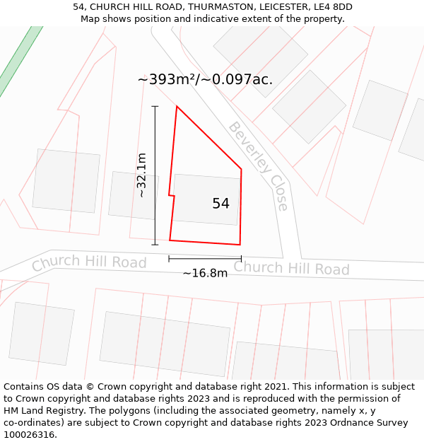 54, CHURCH HILL ROAD, THURMASTON, LEICESTER, LE4 8DD: Plot and title map