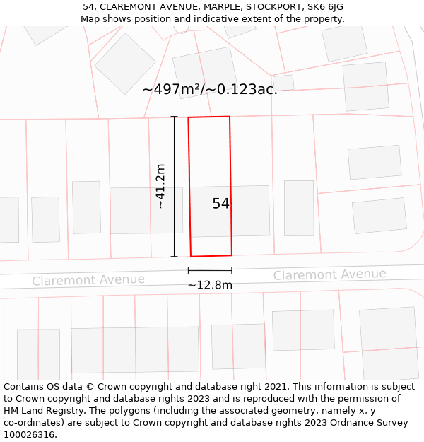 54, CLAREMONT AVENUE, MARPLE, STOCKPORT, SK6 6JG: Plot and title map