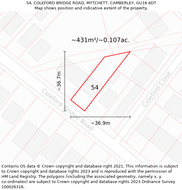 54, COLEFORD BRIDGE ROAD, MYTCHETT, CAMBERLEY, GU16 6DT: Plot and title map