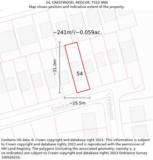 54, CRESTWOOD, REDCAR, TS10 4NN: Plot and title map