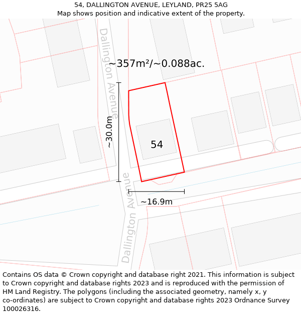 54, DALLINGTON AVENUE, LEYLAND, PR25 5AG: Plot and title map