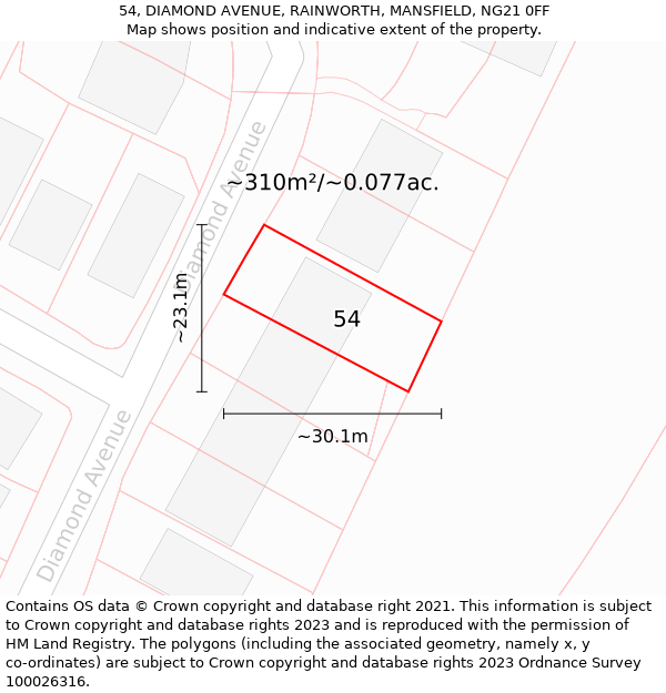 54, DIAMOND AVENUE, RAINWORTH, MANSFIELD, NG21 0FF: Plot and title map